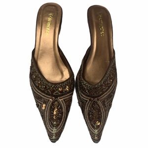 Restricted Brown Beaded Slip On Kitten Heels